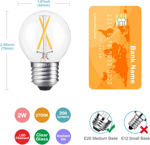 2W Globe LED Edison Bulbs, 25 Watts Equivalent, Warm White 2700K, Vintage A15/A50 E26 - 8 Pack
