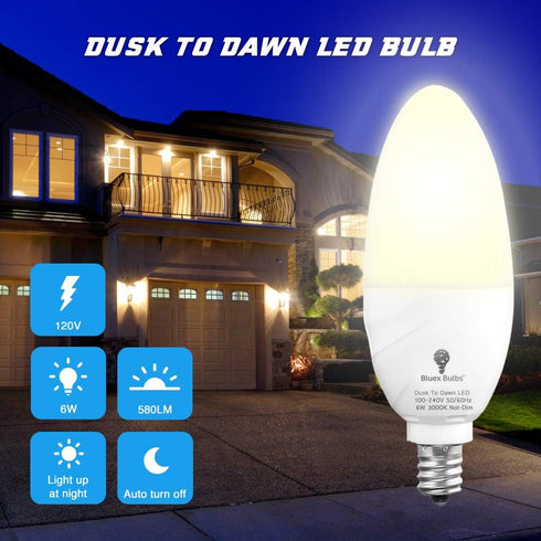 6 Pack Bulbs, 6W E12 Bulb 65W 3000K WarmLight Bulb, BlueX Dusk to Dawn LED Base Light - Equivalent White - Smart Light