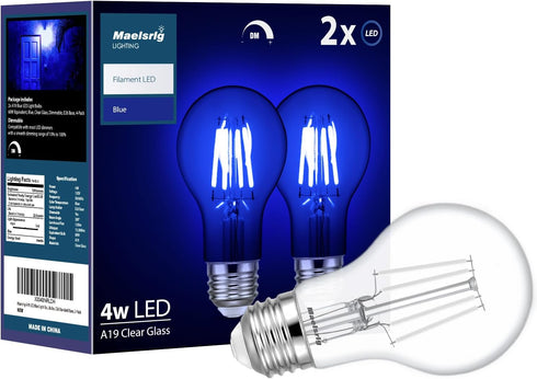 Maelsrlg Blue Light Bulb, 4 Watts, A19 Colored LED Filament Bulbs, Clear