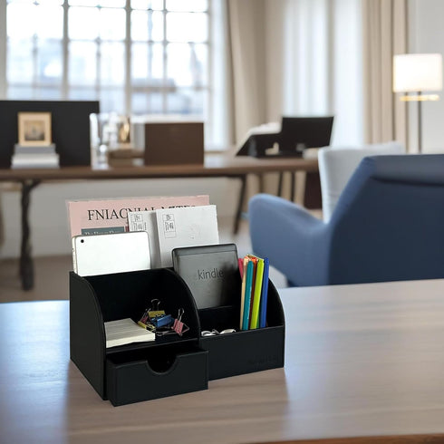 UnionBasic Multifunctional Desk Organizer, Leather Desktop Pen Holder for Business Cards, Pens, Mobile Phones, Black