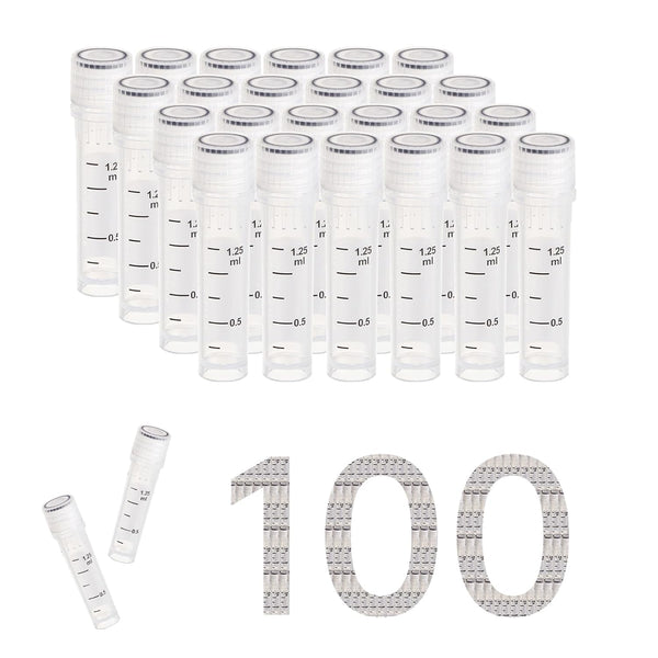 Cryovials Sterile Tubes 2ml with Caps, Case of 100 Lab Vials for Low Temperature Storage