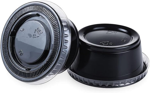 Golden Apple - 2oz Black Plastic Jello Shot Souffle Cups with Lids, BPA Free