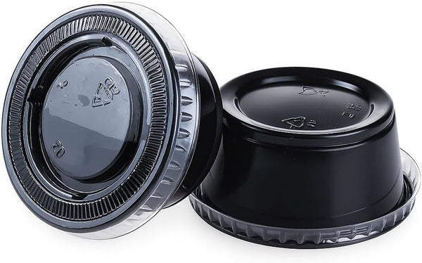 Golden Apple - 2oz Black Plastic Jello Shot Souffle Cups with Lids, BPA Free