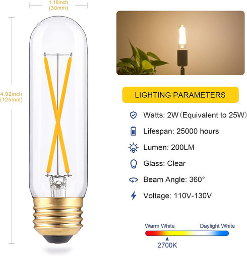 T10 LED Bulbs, 2W Dimmable Tubular, 25 Watt Equivalent, E26 Long Tube Lamp, 2700K Warm White, 6 Pack
