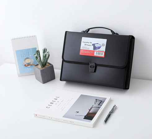 Expanding File Folder, 26 Pocket Accordion Document Organizer, Zip File Folder for Letter A4 Paper, 1 Pack (Black)