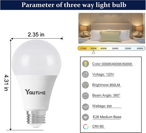 LED Light Bulb A19 3 Color Temperature 3000K-5000K-4000K, 9W (60W Equivalent) Energy Saving, 810LM, 4 Pack
