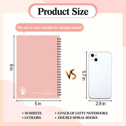 Lewtemi 6 Pack Small Left Handed Notebook 8"x5" Lefty Spiral Notebooks Lefty Wire Bound Mini Notebook 50 Sheets College Wide Ruled Paper Journal for School (Colorful)