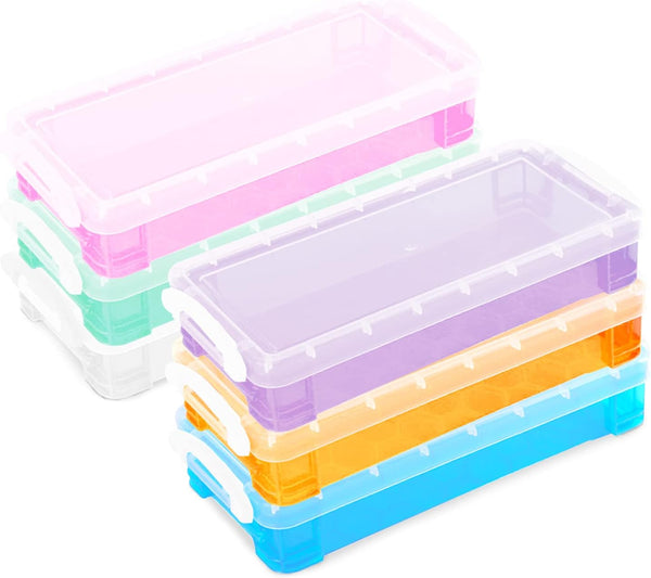 Rocutus 6 Pack Large Capacity Pencil Box - Stackable Plastic Storage Organizer Box for Office Supplies, Clear