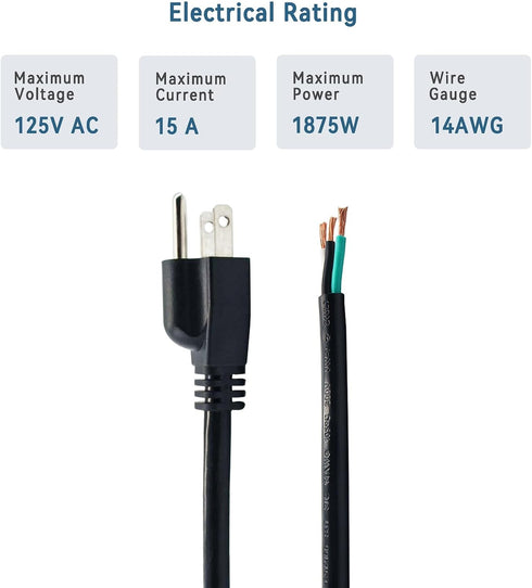 14 Gauge Replacement Power Cord, 8Ft Cable 110V 115V 120V for Appliance, NEMA 5-15P Plug