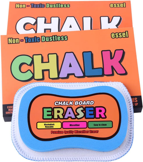 Essel Non-Toxic Dustless Chalk (12 Colored, 12 White) & Microfiber Chalkboard Eraser - Washable & Reusable