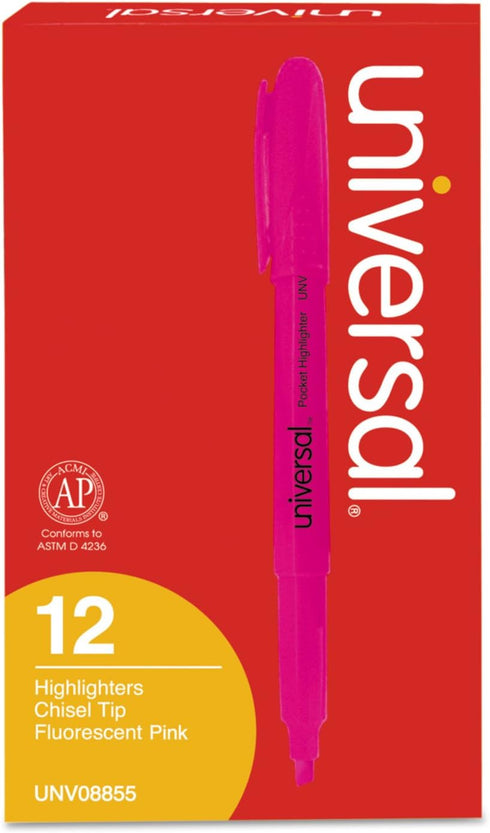 Universal Pocket Highlighters, Dozen, Fluorescent Pink Ink, Chisel Tip, Pink Barrel
