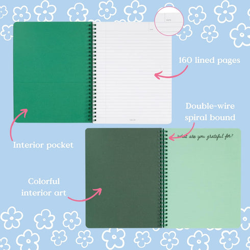 ban.do Green Floral Rough Draft Mini Spiral Notebook, 9" x 7" with Pockets and 160 Lined Pages, Superbloom by ban.do