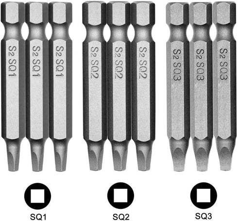 Mesee 9Pcs Square Head Screwdriver Bits with 1/4 Inch Hex Shank, S2 Steel Magnetic Square Screw Driver Bit Set SQ1 SQ2 SQ3 Electric Hand Square Screws Tool Accessory, 50mm Length by Mesee