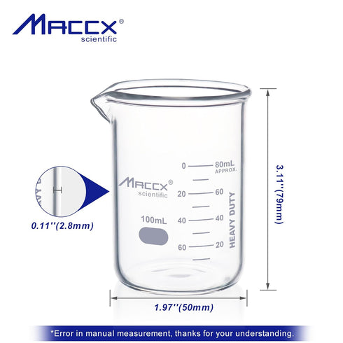 3.4oz (100ml) Sturdy Glass Beaker, 3.3 Borosilicate Griffin Low Form with Printed Graduation, Pack of 12