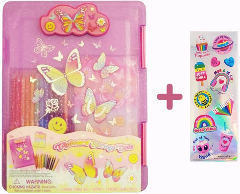 Kids Clipboard Storage Case – Cute Butterfly Design Pink Clip Board – Girls Set with 12 Erasable Colored Pencils, Pad and Stickers – Fits 8.5x11 Standard Papers - 9x12 Inches by Hot Focus