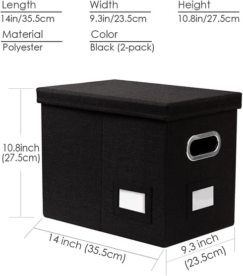 PRANDOM File Organizer Box - Set of 2 Collapsible Decorative Linen Filing Storage with Lids (Black)