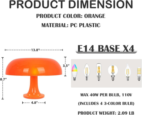 13.8 Inch 3 Retro Orange Mushroom Table Lamp, Color Change, Mid-Century Modern Bedside Lamp, for Bedroom Living Room