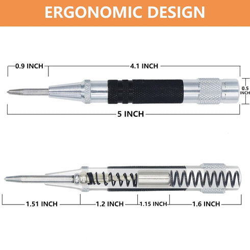 2-Piece Automatic Center Punch, 5 inch Spring Loaded Center Hole Punch with Adjustable Stroke Punch Tool for Metal Wood Glass Plastic, Metal Punch Tool for Woodworking