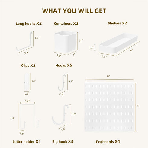 VUSIGN 4-Piece Pegboard Combination Wall Organizer Kit, 17 Accessories, Modular Hanging Display for Home, Office, White