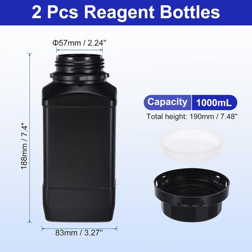 PATIKIL 2 Pcs 1000ml Reagent Bottles, HDPE Wide Mouth Square Bottles with Screw Cap for Lab Water Reagent Liquids Solid Sample Storage Seal, Black by PATIKIL