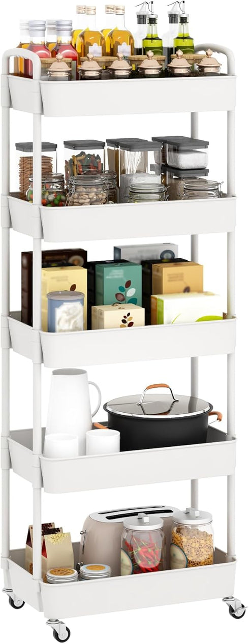 5-Tier Sywhitta Plastic Rolling Utility Cart with Handle, Multi-Functional Storage Trolley for Office, Living Room