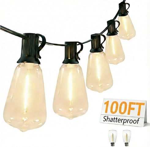 Outdoor LED String Lights with 100 Feet 52 Edison Plastic Bulbs(2 Spare),