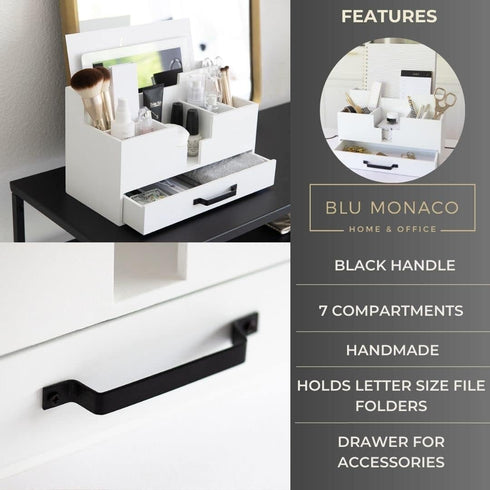 White Wood Office Desk Organizers and Accessories, Small Desk Organizer with Drawer for Home Office