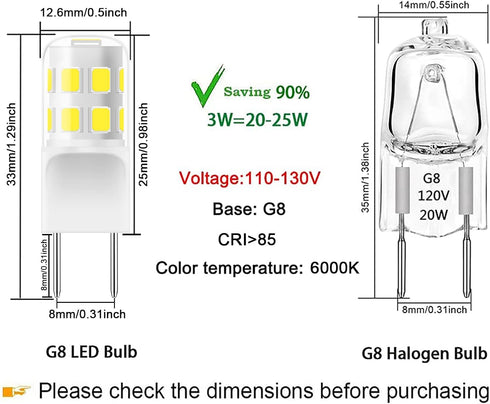 G8 LED Bulb Dimmable, 3W (20W-25W Halogen Equivalent), G8 GY8.6 Bi-Pin Base, T4 JCD Type 120V Mini G8 Bulb for Under Cabinet Puck Light, Under Counter Kitchen Lighting, Daylight White 6000K, 6 Pack by Lacnooe