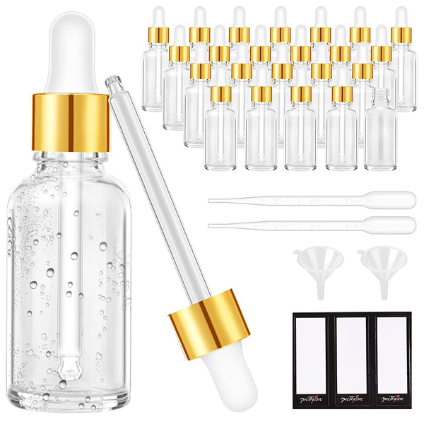 PrettyCare 1oz Glass Dropper Bottle, 24 Pack Clear Bottles with 2 Funnels & 2 Long Pipettes
