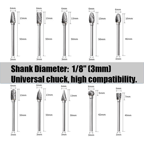 Tungsten Carbide Rotary Burr Set for Dremel, 10PCS Double Cut Carving Bits with 1/8 Shank for Woodworking