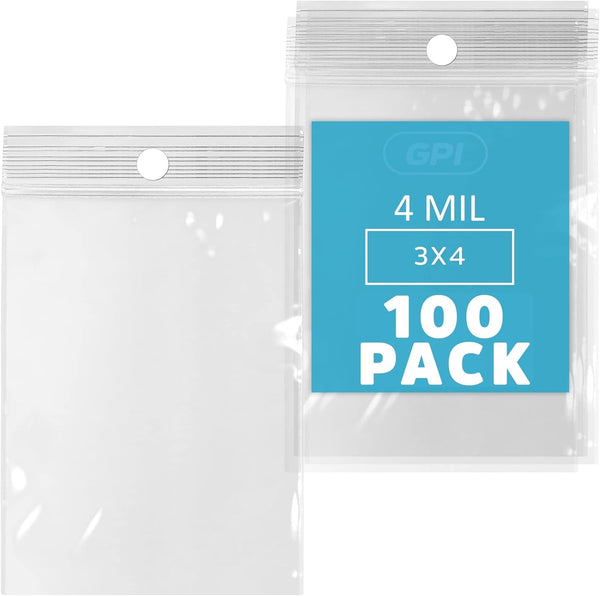 GPI - 3" X 4" Clear Plastic Zip Bags, 100 Count Heavy-Duty 4 Mil Thick Durable Poly Baggies with Resealable Zipper