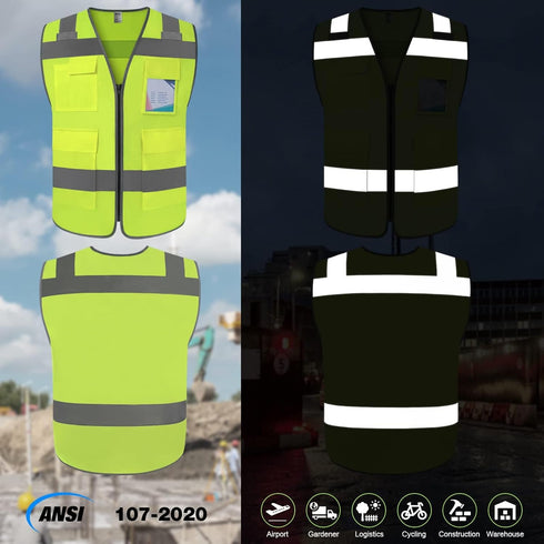 TCCFCCT Safety Vest for Men 5 Pockets Reflective Vest for Men Women, Durable High Visibility Vest, Construction Vest with Horizontal Strip for Walkie-talkie, Meets ANSI/ISEA Standards, T5-Yellow, L