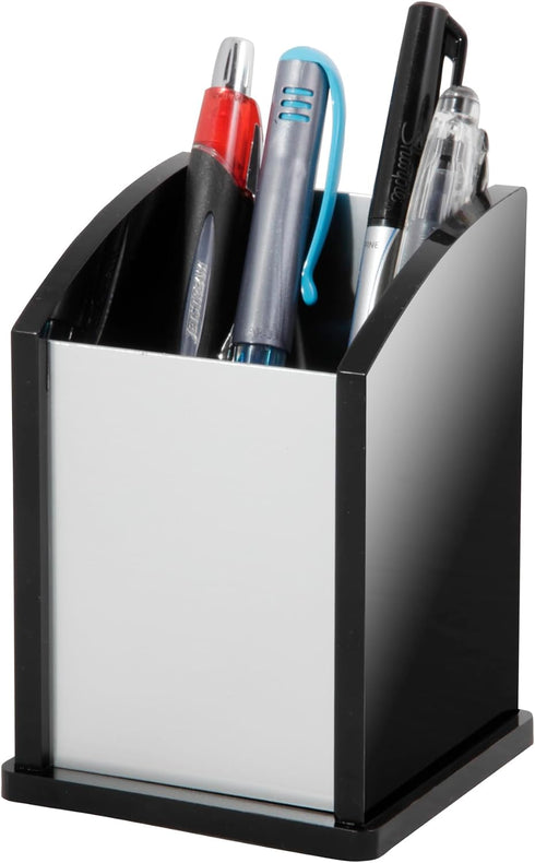Kantek Black Acrylic and Silver Aluminum Pen Cup, 3" x 3" x 4.25", Heavy Duty Pencil Holder