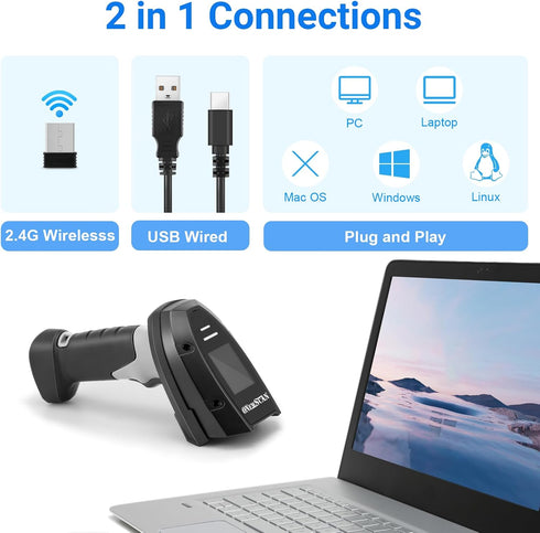 onewscan 1D 2.4G 2 1 Barcode Scanner Wireless, Laser Bar Code Scanners with Stand Wireless & USB Wired Connection Plug