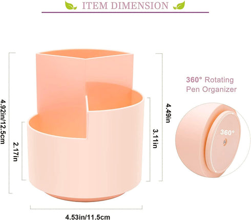 Desk Pencil Pen Holder, 3 Slots 360-Degree Rotating Organizer for Home, Office, School, Kids, Peach Pink