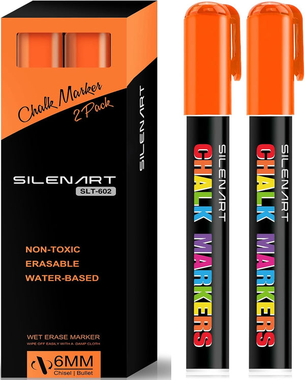Orange Chalk Markers 2 Pack - Liquid Dry Erase Markers for Chalkboard, Window, Glass, Mirror, Blackboard