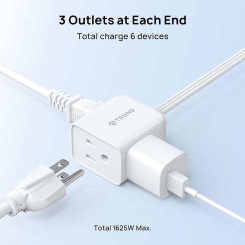 TROND 3ft 3 1625W Split Extension Cord with Flat Wall Plug, Twin on Each Side, Low-Profile Dual End Outlets Extender