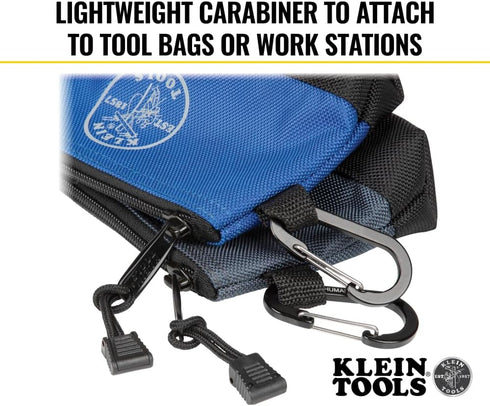Klein Tools 55559 Stand-Up Zipper Bag Tool Pouch with Carabiners, 7-Inch Blue and 14-Inch Gray Utility Bags, 2-Pack