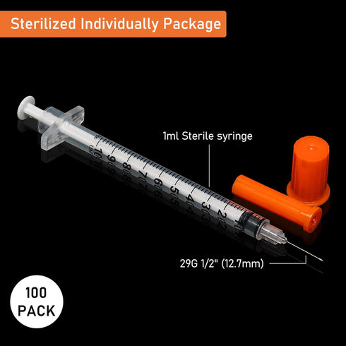 1ml/cc 29G 1/2" (12.7mm) Package Pack 100 Syringe Needle, Disposable Individual