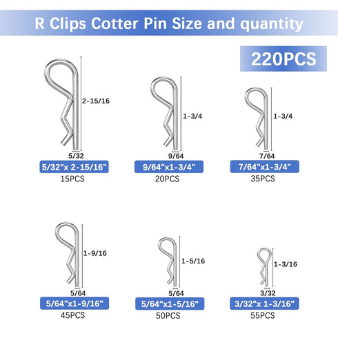 Cotter Pins, 220PCS R Clips Heavy Duty Zinc Plated Cotter Pin Spring Fastener Assortment Kit, R Clips Assortment Kit, Zinc Plated Spring Fastener Assortment Kit for Hitch, Lawn Mower, Truck
