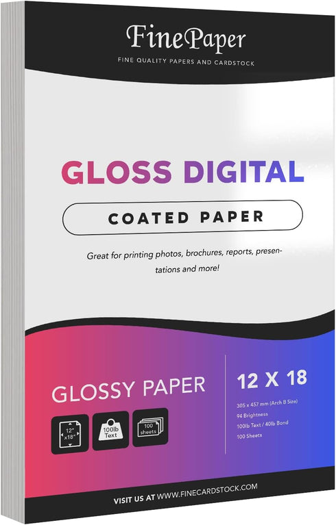 Gloss Digital Paper | 12 x 18 | 100lb Text (40lb Bond) | 94 Bright | Acid Free, Coated Finish | 100 Sheets per Pack