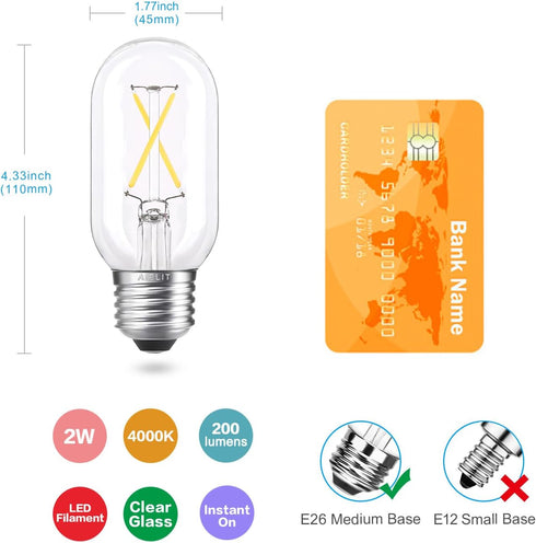 T45/T14 E26 Bulbs 25 Dimmable, 4000K, 2W Bulbs 6-Pack Light Watt Equivalent, Clear Natural White Daylight Tube LED
