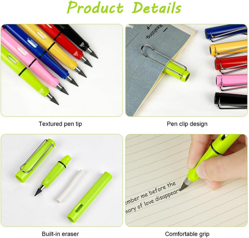 Inkless Forever Pencil, 6 Sets, Reusable Infinite Pencil with Eraser, Extra 6 Replaceable Nibs
