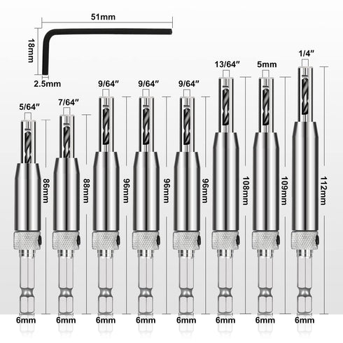 COMOWARE 17pcs VIX Bits Self Centering Drill Bit Set, 1/4" Hex Shank Self Centering Hinge Drill Bit Set for Woodworking Window Door Hinge, Quick Change with 1 Hex Key & 8 Drill Bits 5/64-1/4”