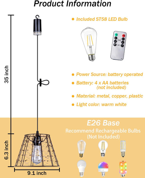 IP44 Battery Operated Chandelier with Remote, Waterproof Outdoor Pendant Light, No Wiring Needed Gazebo Lights