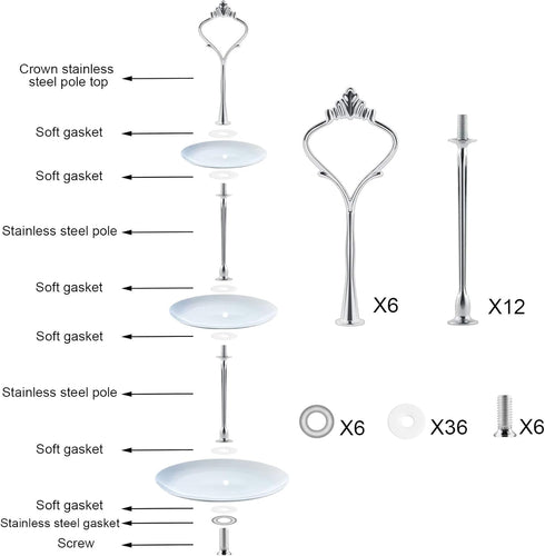 6 Piece Tiered Cake Stand Hardware Kit - 3-Tier Crown Mold Fittings for Wedding & Party Dessert Displays (Silver, M)
