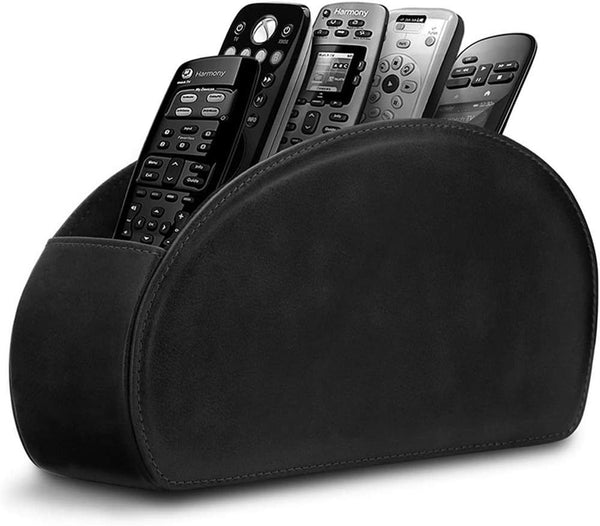 Leather Remote Control Holder with 5 Compartments, TV Remote Caddy Storage Box for Office Desk, Black