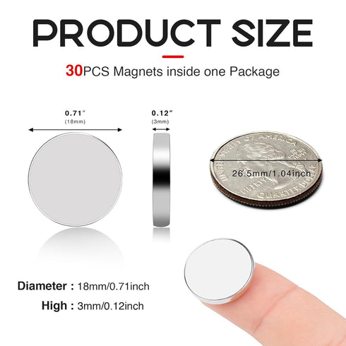 Small Strong Magnets, 30Pcs Round Refrigerator Magnets Mini Circle Neodymium Magnets, Tiny Fridge Magnets for Crafts, Small Disc Rare Earth Magnets for Whiteboard Magnets-0.71x0.12inches
