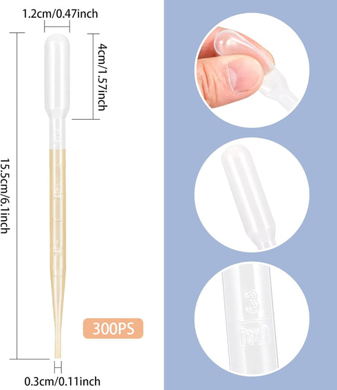 300PCS 3ML Plastic Transfer Pipettes, YSSHUI Disposable Pipette for Essential Oil and Makeup Tool
