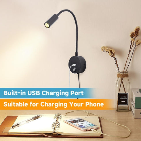 Dimmable Wall Mounted Reading Light with USB Charging Port, Plug-in LED Headboard Reading Light, Bedside Spot Wall